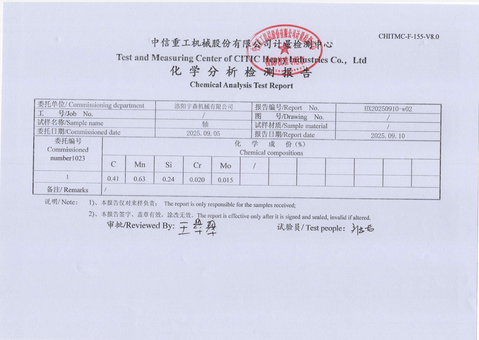 Material Chemical Composition Analysis Report (CITIC)